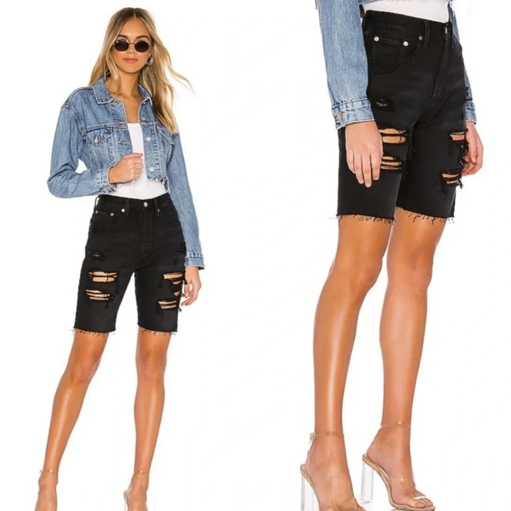 LEVI’S Slouch 501 Distressed Black High Waisted Ripped Denim Long Jean Shorts